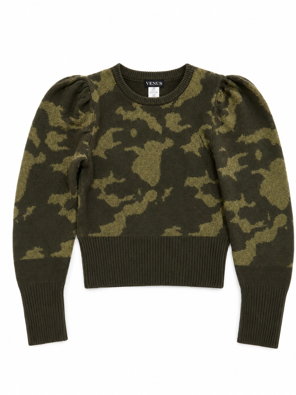 Venus Olive Green Camouflage Puff-Sleeve Sweater Large